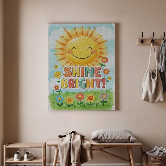 Shine Bright Canvas Wall Art Smiling Sun And Flowers Nursery Print Kids Room Positive Quote Artwork Baby Shower Gift Decor