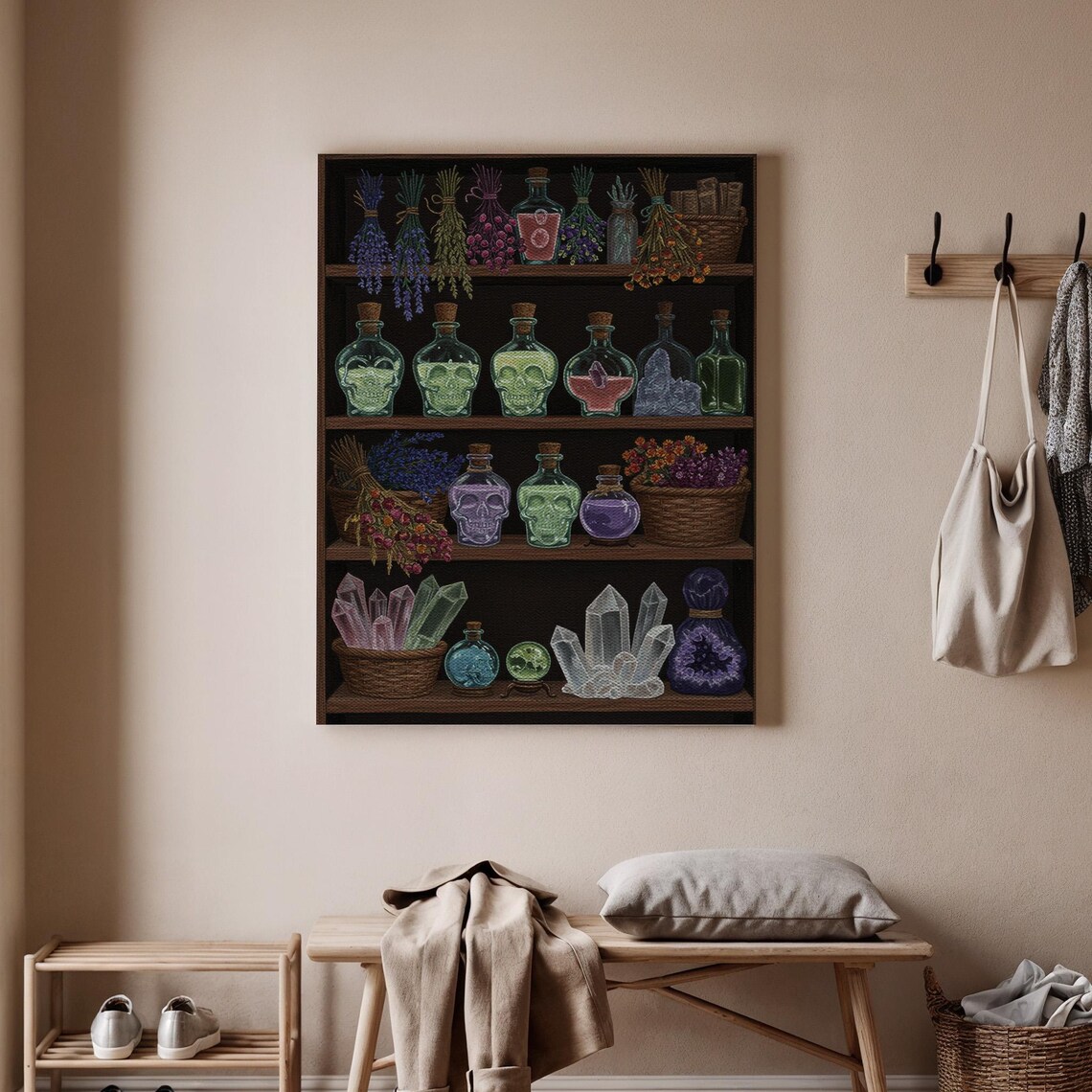 Witchs Potion Shelf Halloween Canvas Wall Art Mystic Bottles And Crystals Spooky Apothecary For Witchy Home Decor