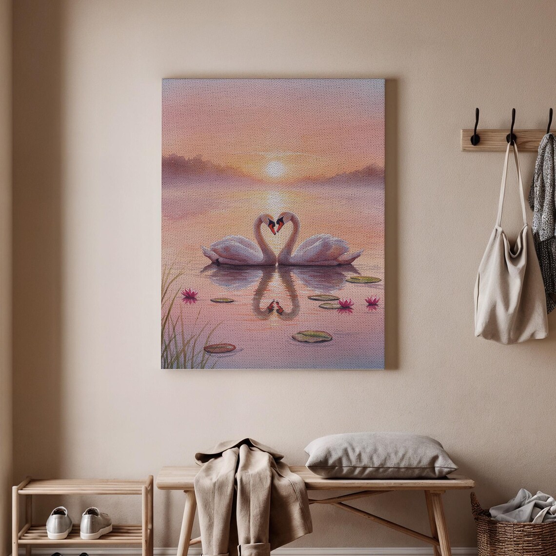 Two Swans Forming a Heart at Sunset Romantic Lake Painting Poster