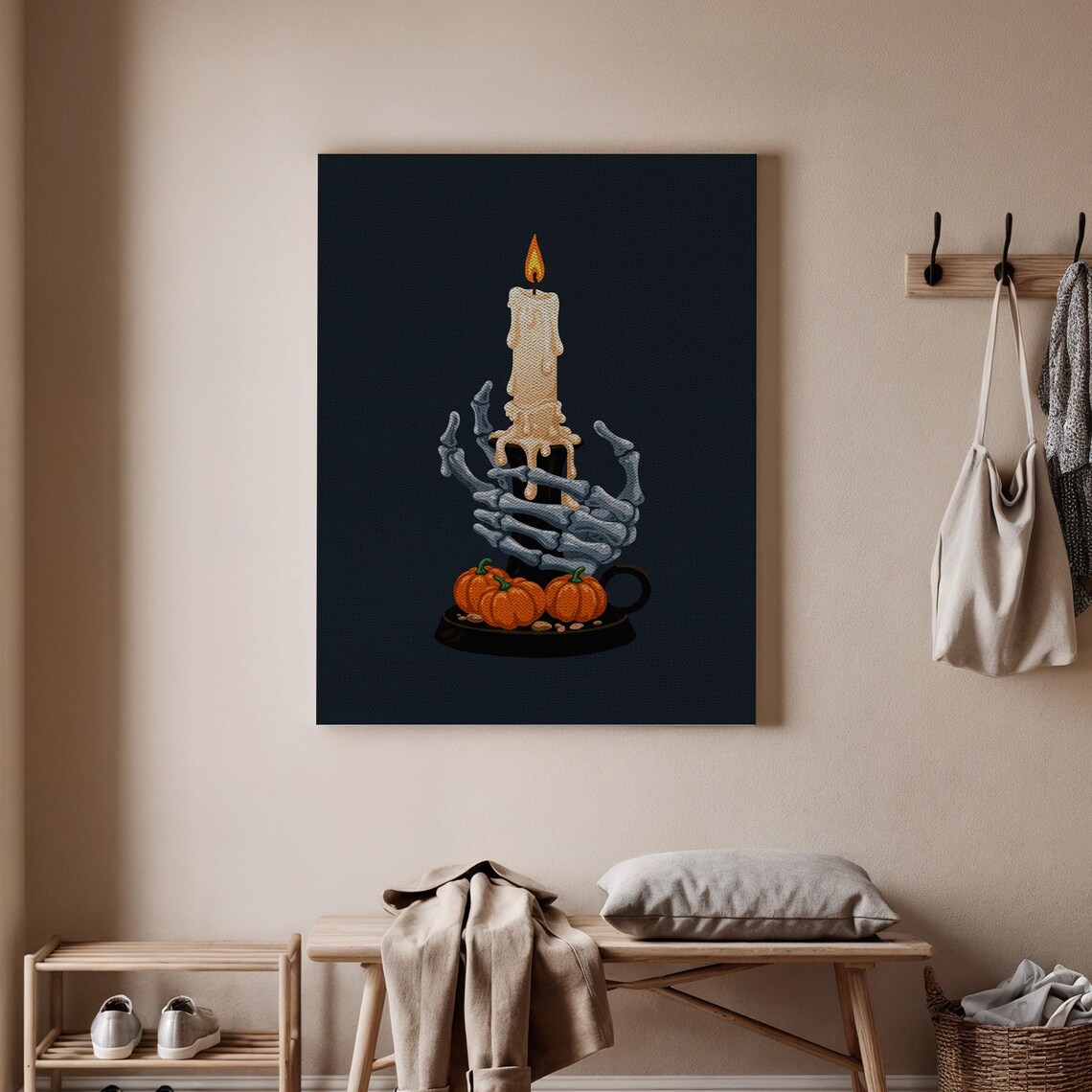 Skeleton Hand Candle Canvas Art Gothic Halloween Decor Spooky And Pumpkin Design Dark Haunted Candlelight Print