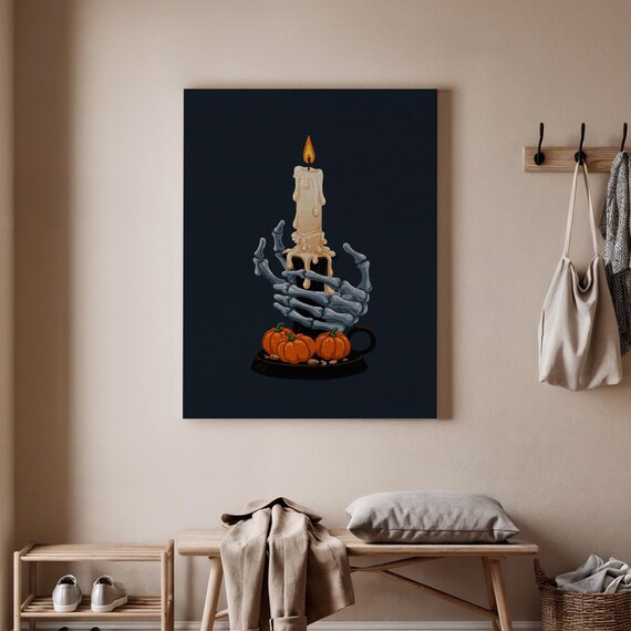 Skeleton Hand Candle Canvas Art Gothic Halloween Decor Spooky And Pumpkin Design Dark Haunted Candlelight Print