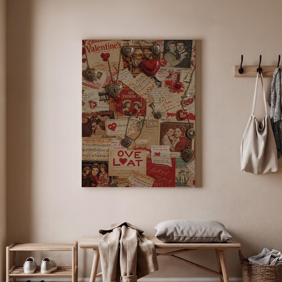 Vintage Valentine Love Collage with Hearts and Postcards Poster