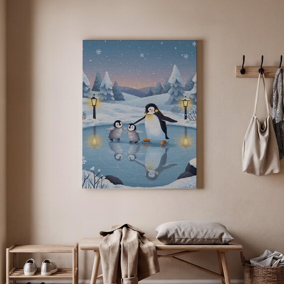 Penguin Family Ice Skating Winter Wonderland Snowy Holiday Animal Poster