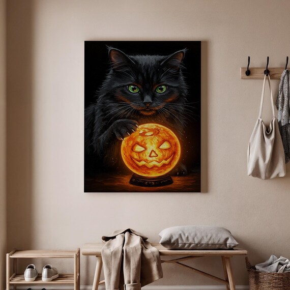 Halloween Black Cat Canvas Art Mystical With Glowing Pumpkin Spooky Wall Decor Enchanted Print