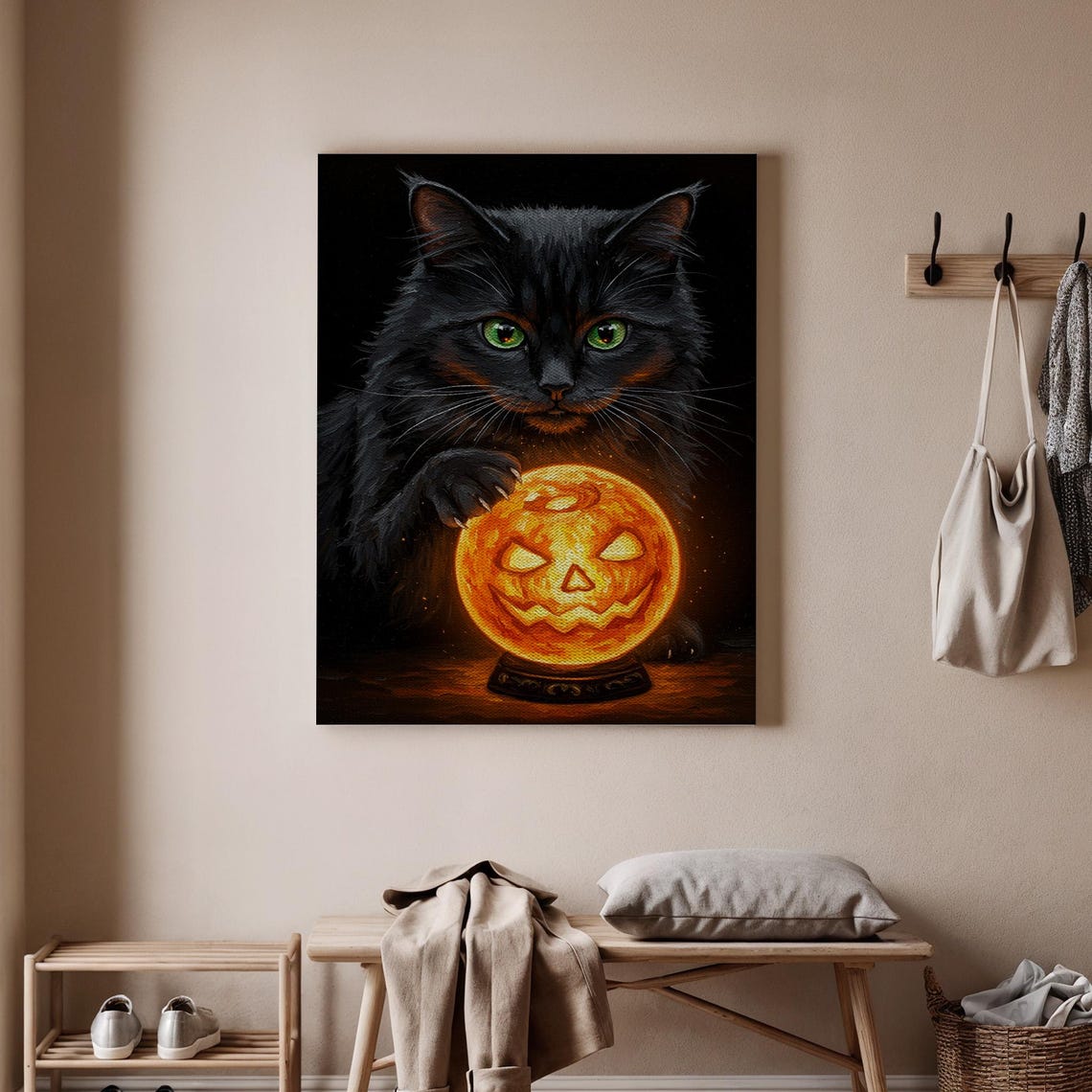 Halloween Black Cat Canvas Art Mystical With Glowing Pumpkin Spooky Wall Decor Enchanted Print