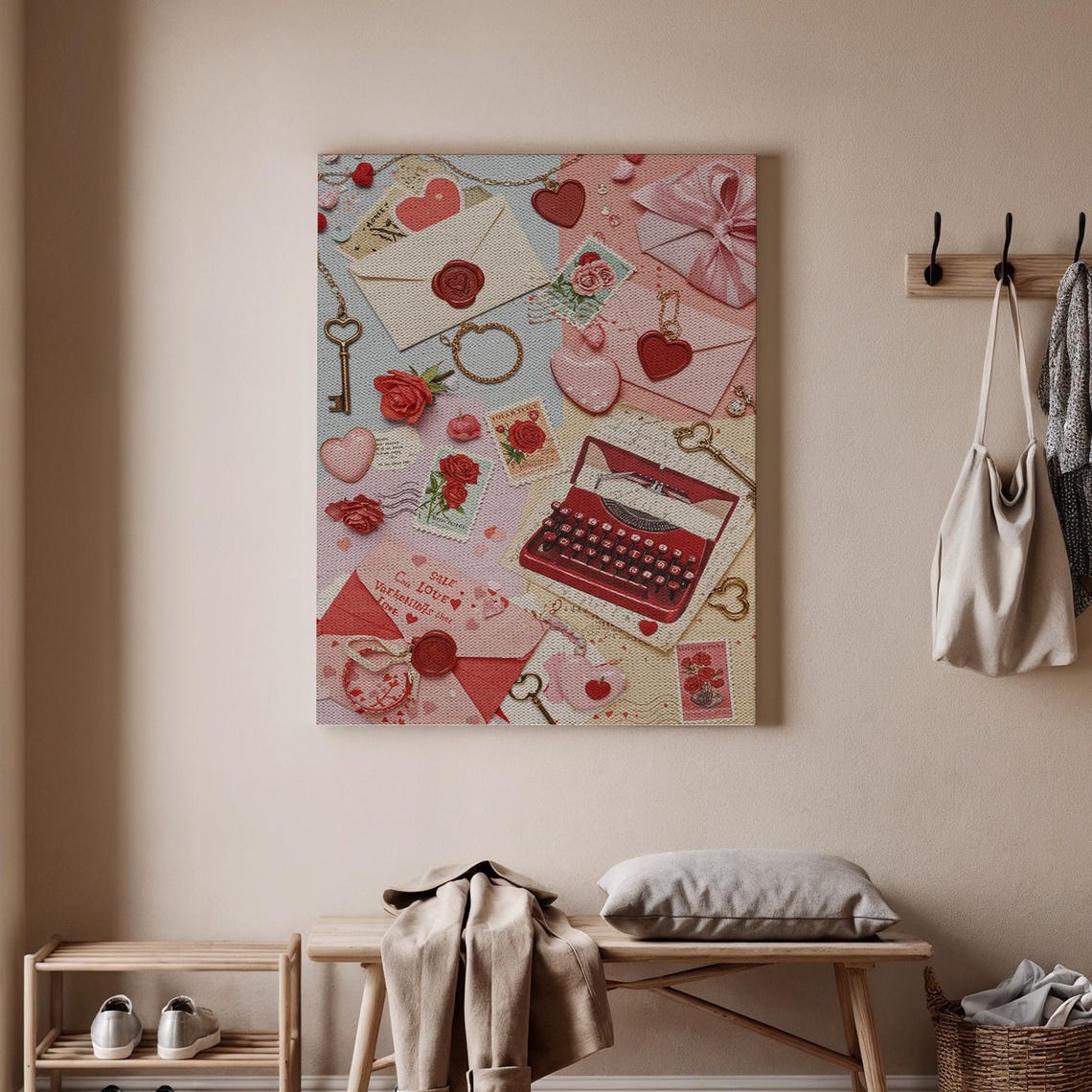 Red Typewriter Valentine Love Letters Wax Seal Collage Canvas Poster