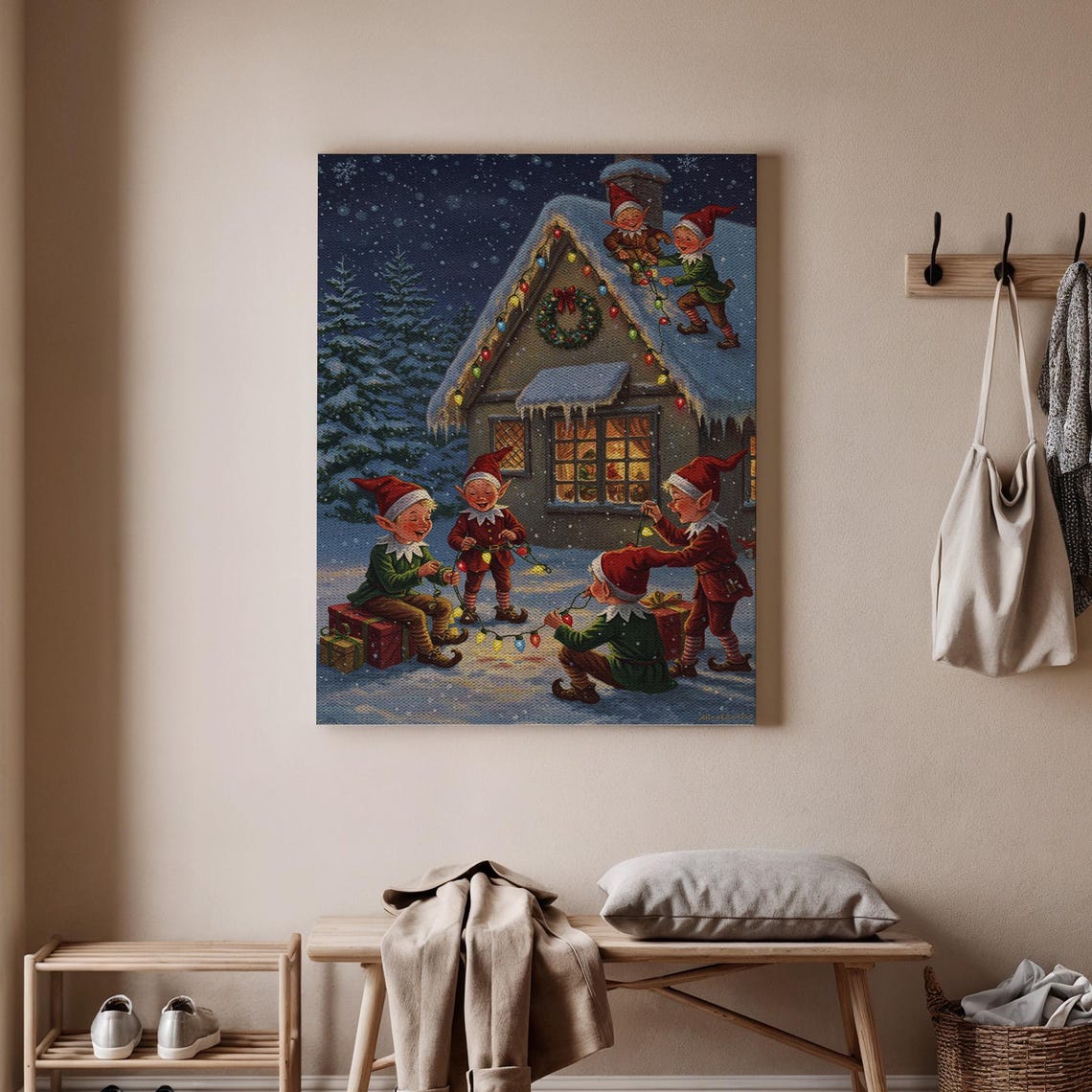 Christmas Elves Decorating Cottage Snowy Night Vintage Art Poster