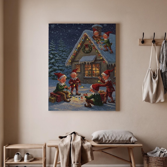 Christmas Elves Decorating Cottage Snowy Night Vintage Art Poster