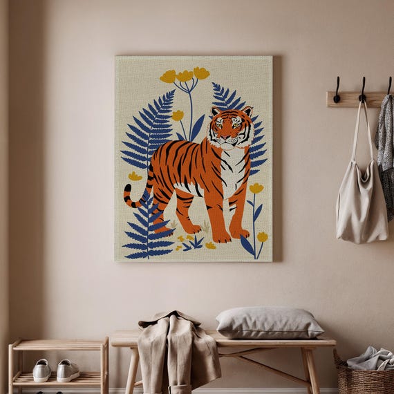 Colorful Tiger Canvas Art Bold Illustration With Ferns And Flowers Modern Wildlife Wall Decor For Living Room Or Office