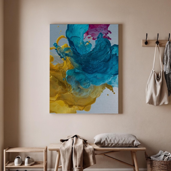 Colorful Ink Splash Canvas Abstract Fluid Art Print Blue And Yellow Watercolor Design Modern For Bold Home Decor