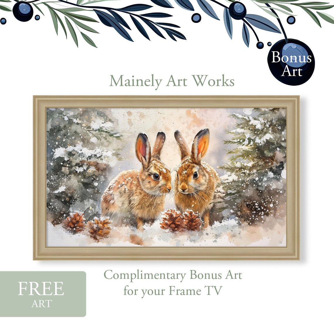 Two White Bunnies Snuggling In Snow Winter Rabbit Painting Cute Wall Art Print - Image 2