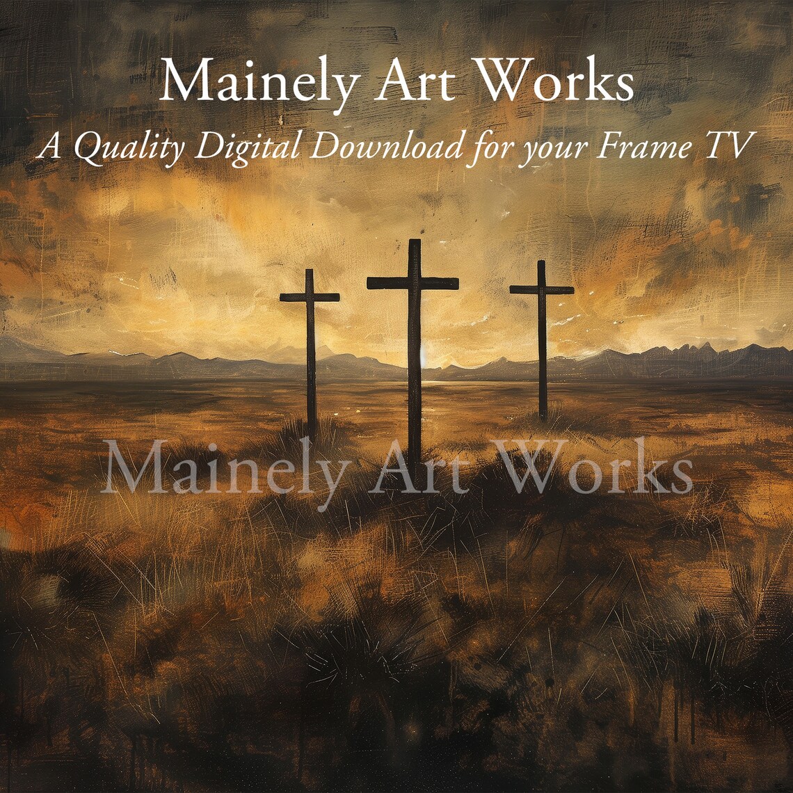 Three Crosses Silhouette Golden Sunset Hill Dramatic Christian Wall Art Print - Image 3
