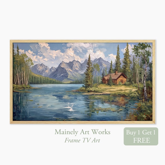 Lake Mountain Landscape Art Print, Log Cabin Decor