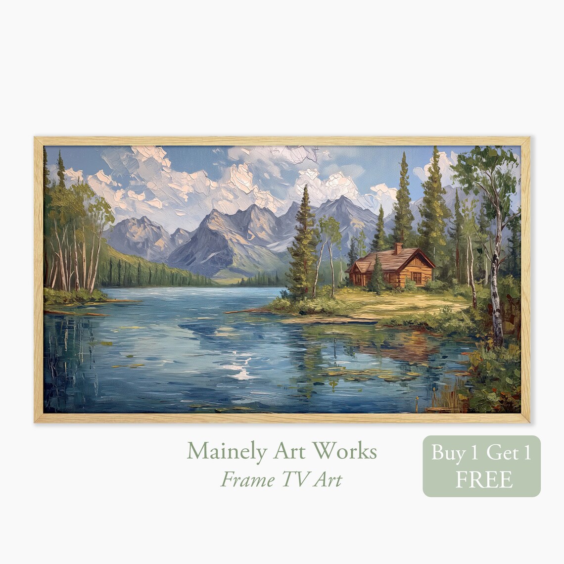 Lake Mountain Landscape Art Print, Log Cabin Decor