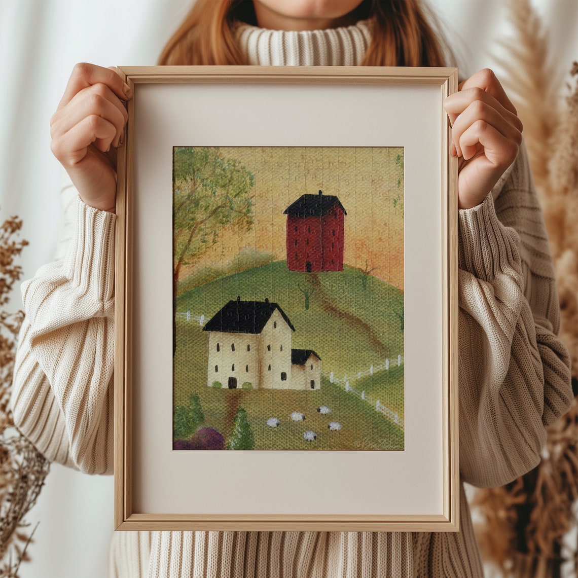 Primitive Folk Art Farmhouses And Sheep Pasture Jigsaw Puzzle Poster - Image 2