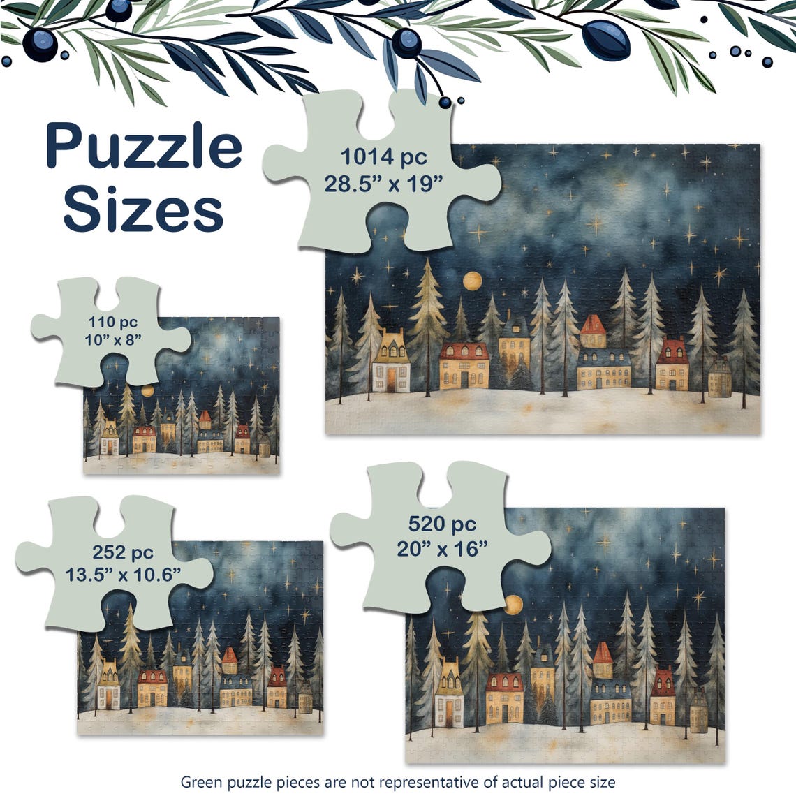Winter Night Snowy Village Moonlight Stars Pines Folk Art Poster - Image 3