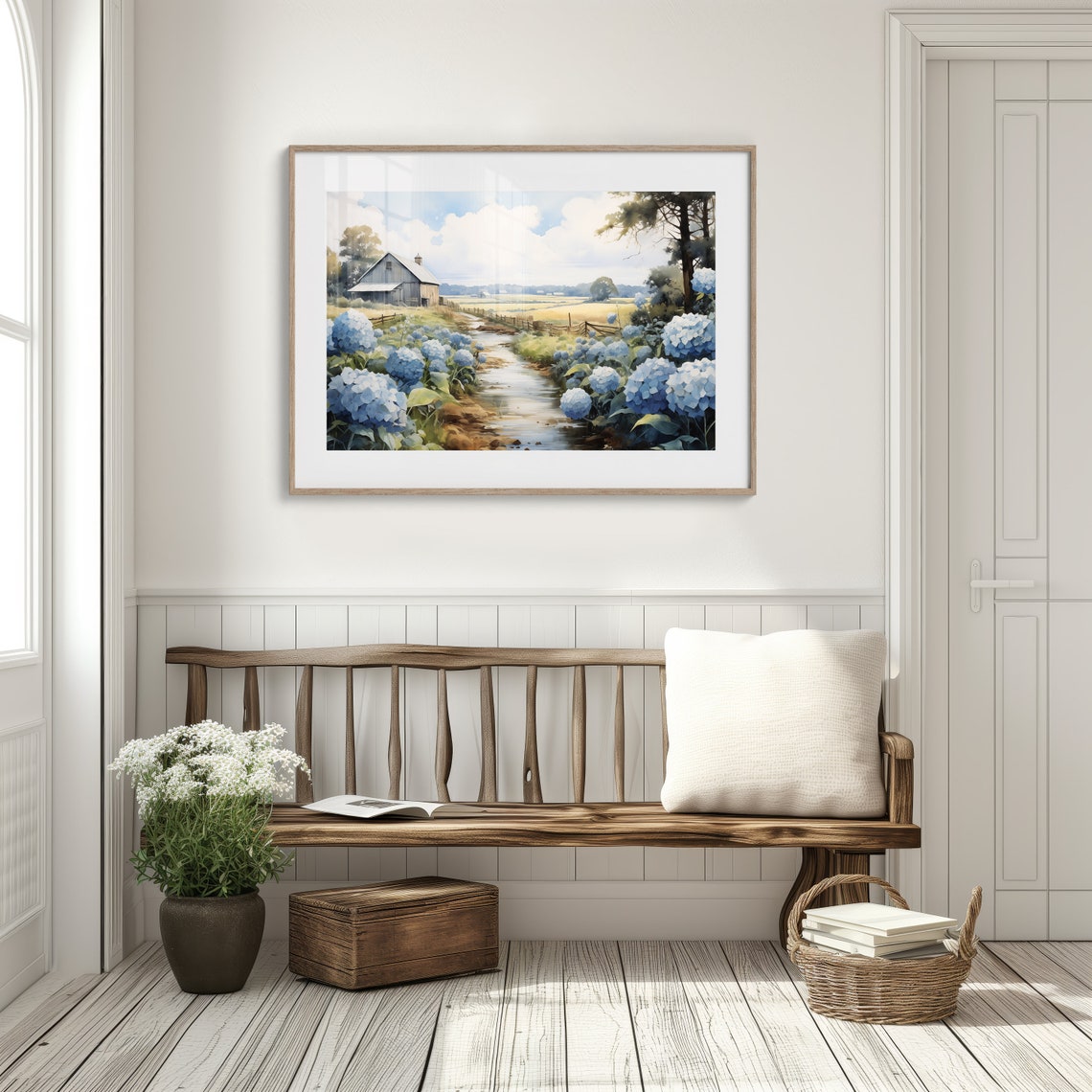 Blue Hydrangeas By Country Stream With Rustic Barn Watercolor Print - Image 2