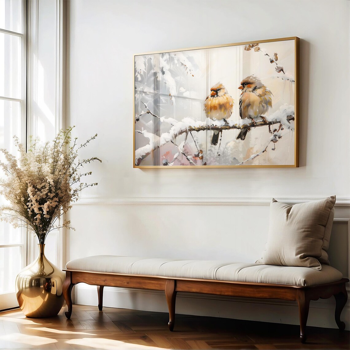 Winter Finches Snowy Branch Vintage Bird Painting Sweet Cozy Wall Art - Image 5