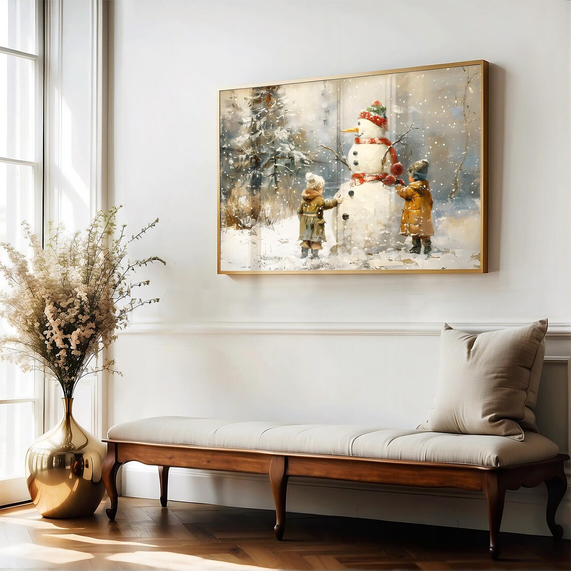 Children Building Snowman Snowfall Winter Scene Vintage Wall Art Print - Image 5