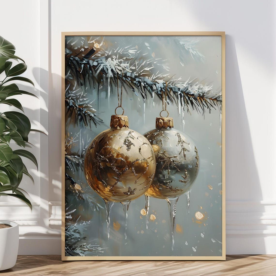 Golden Christmas Baubles Icicles Snowy Branches Elegant Wall Art Print - Image 5