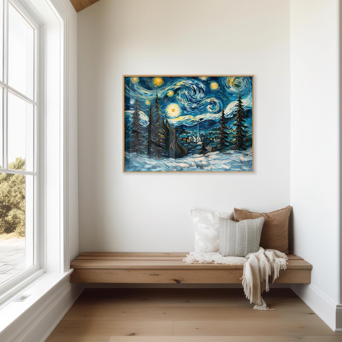 Starry Night Winter Village Church Swirling Sky Snow Wall Art Print - Image 3