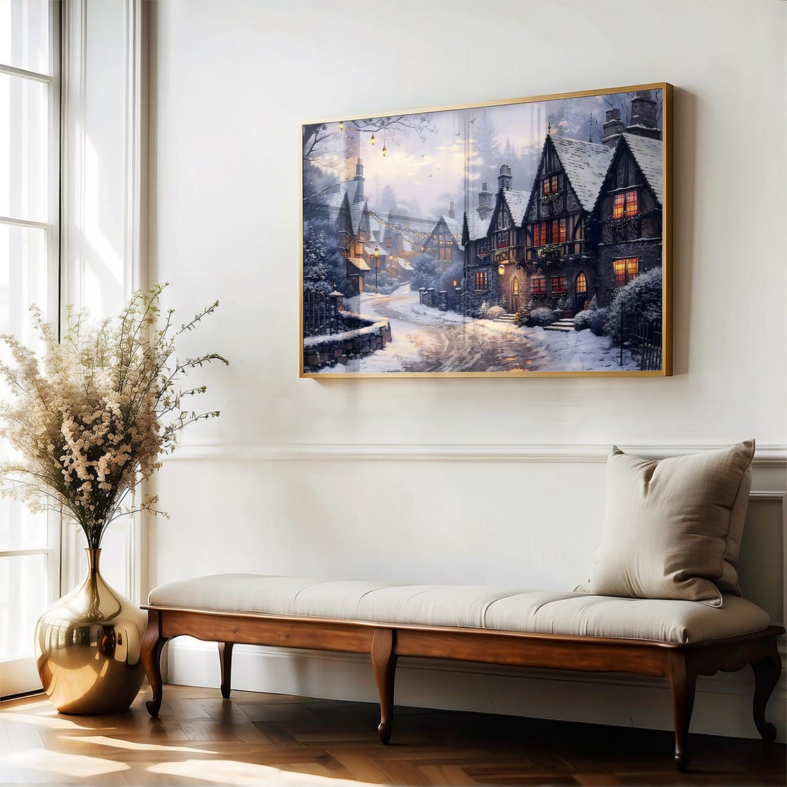 Twilight Snowy Village Tudor Cottages Glowing Windows Wall Art Print - Image 5
