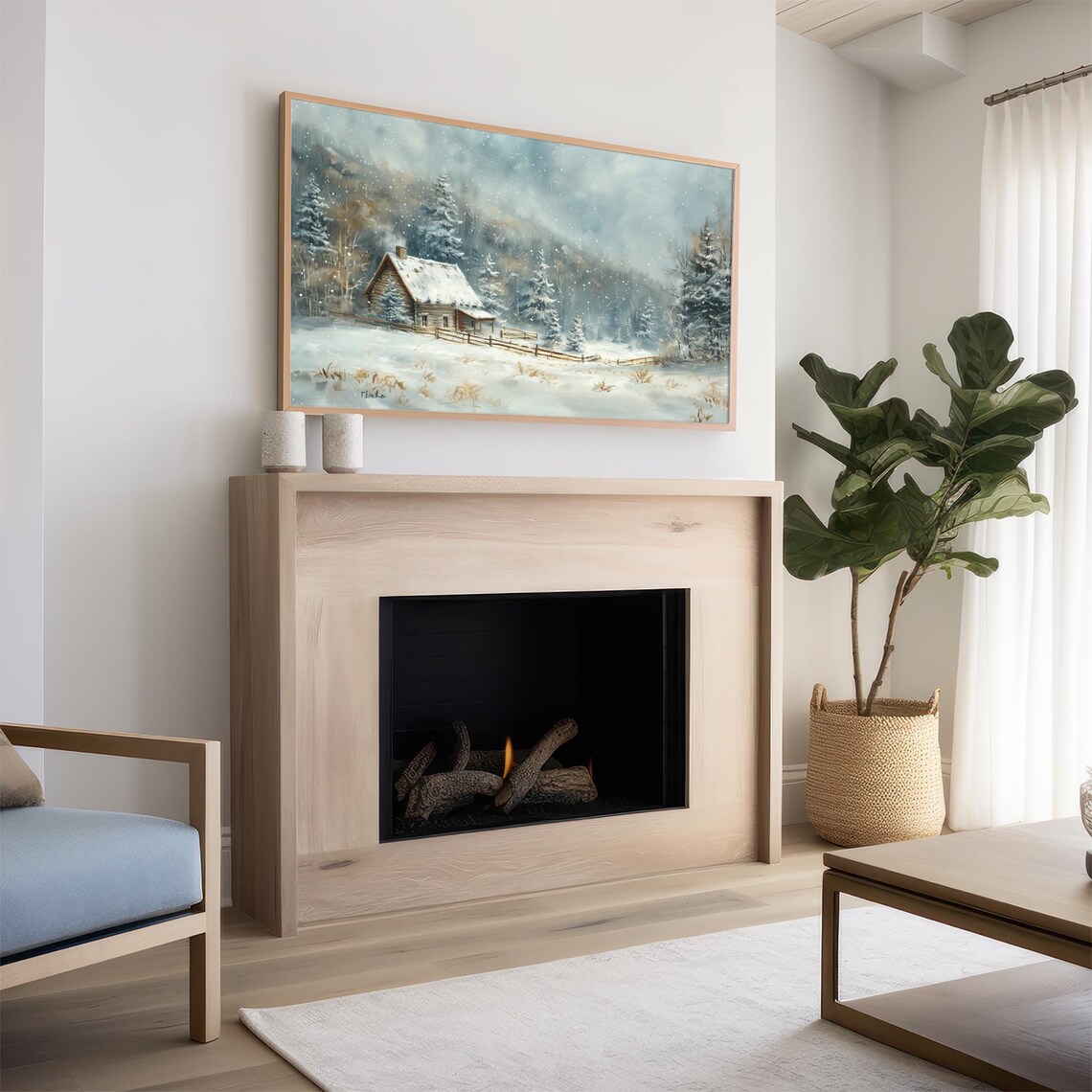 Frame Tv Art Snow Cabin In Winter Landscape Christmas Decor Winter Festive Painting Farmhouse Art Christmas Tv0213 - Image 2