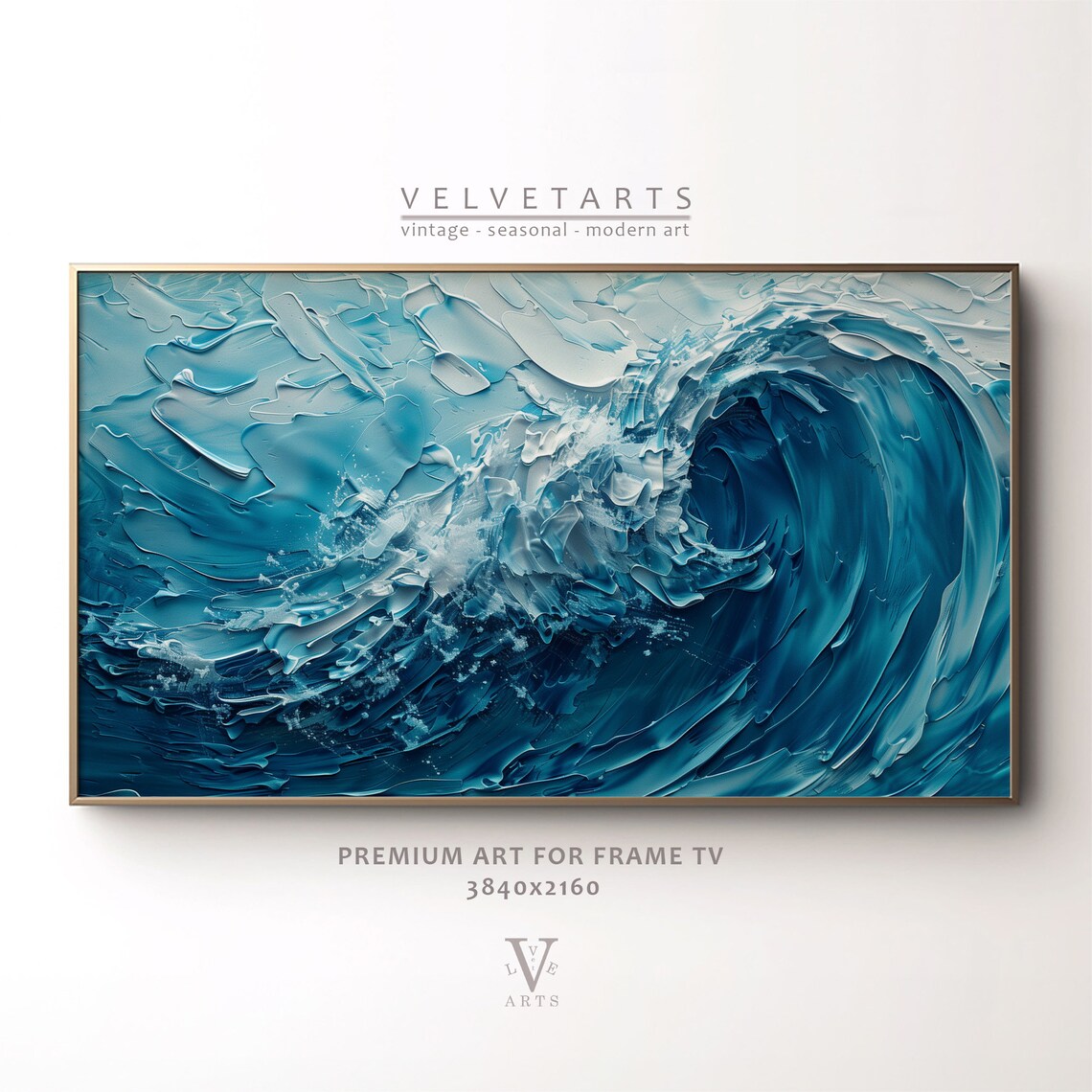 Cobalt Blue Ocean Wave Impasto Textured Seascape Painting Wall Art