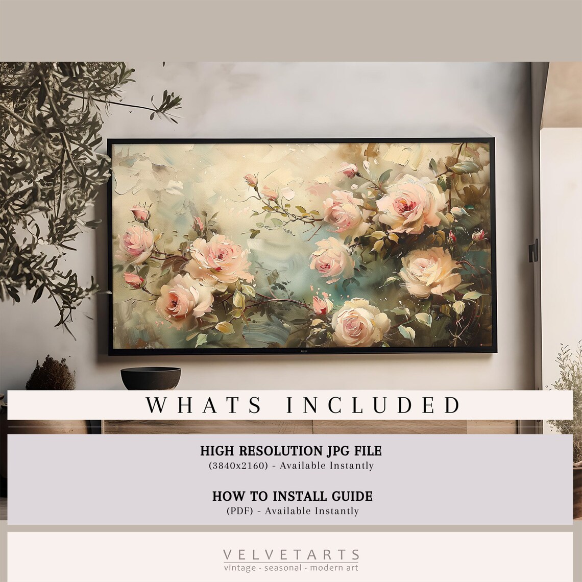 Blush Pink Garden Roses Impressionist Floral Painting Neutral Wall Art - Image 4