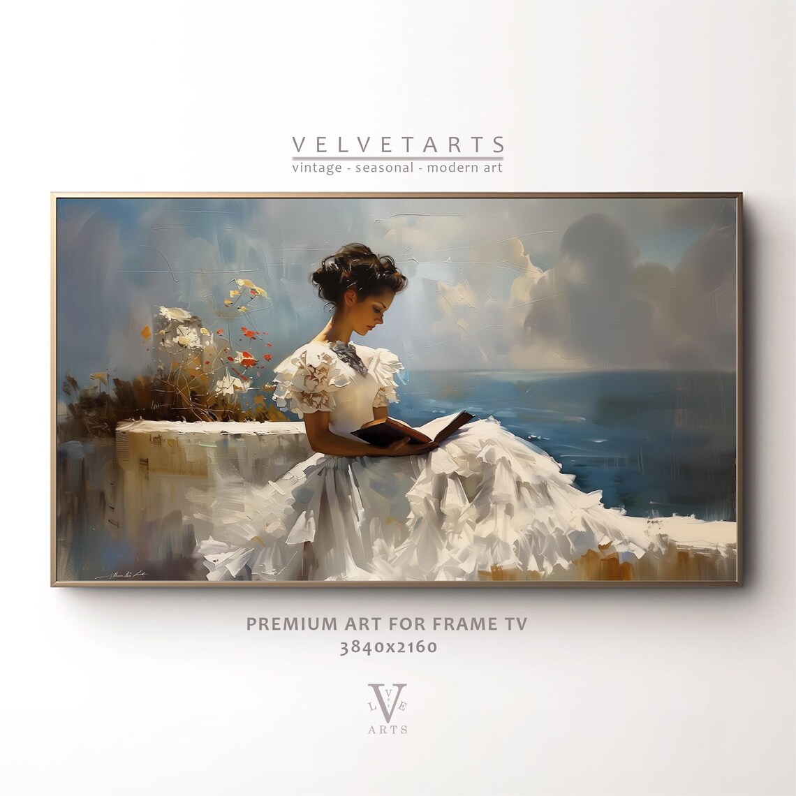 Woman Reading in White Dress Seaside Impressionist Vintage Wall Art
