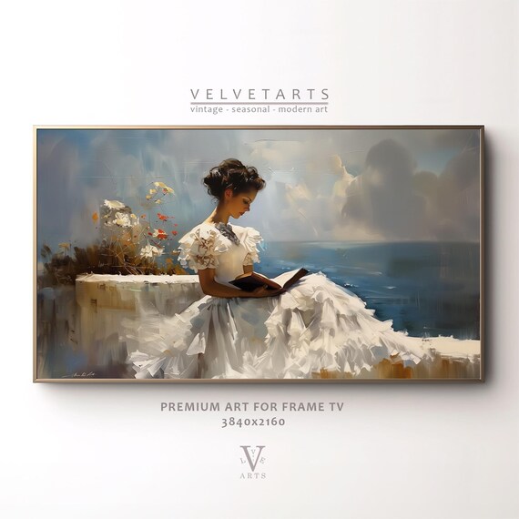Woman Reading in White Dress Seaside Impressionist Vintage Wall Art