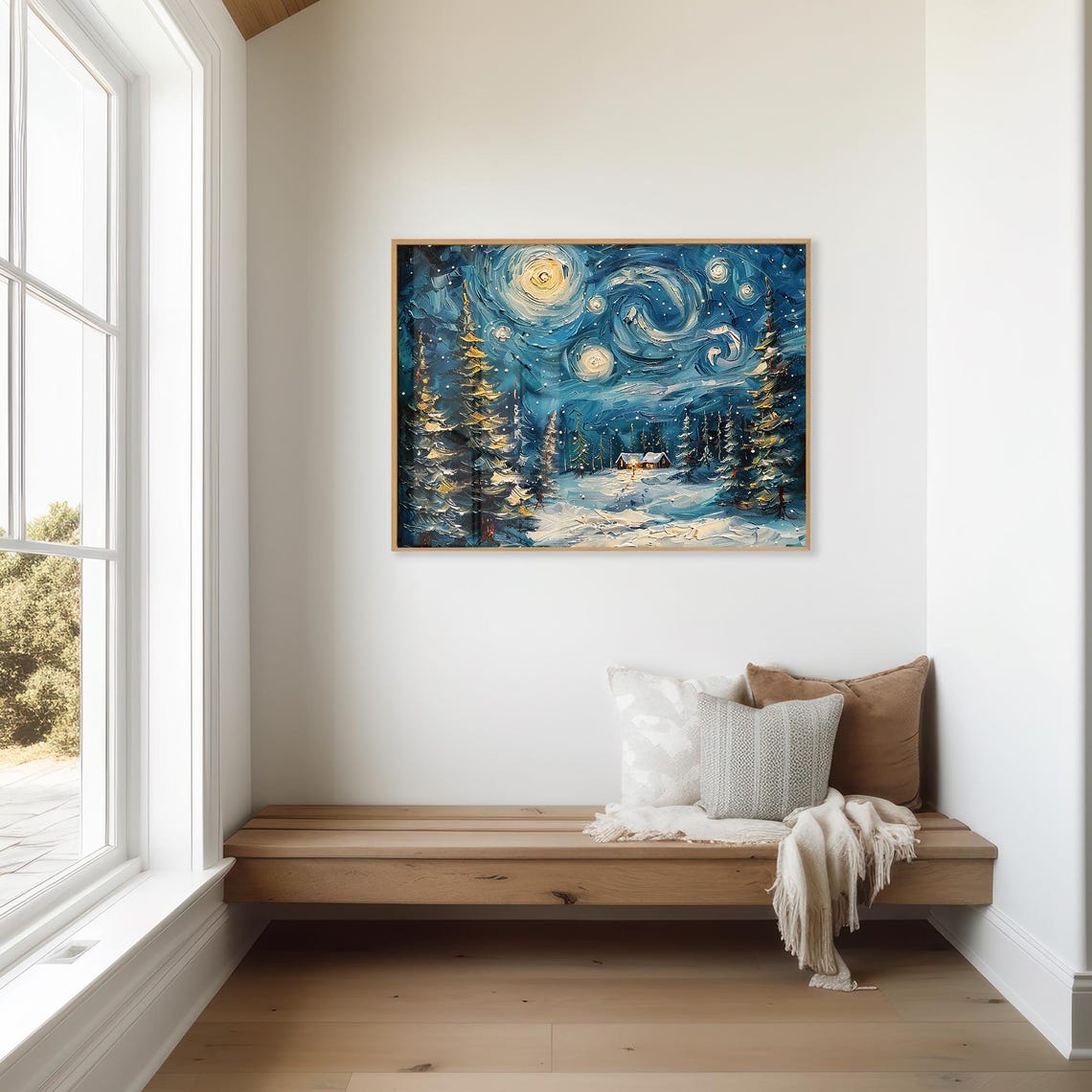 Starry Night Winter Cabins Snowy Pines Impasto Style Wall Art Print - Image 3