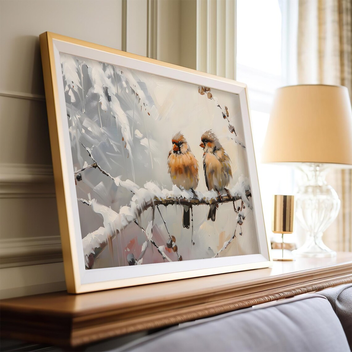 Winter Finches Snowy Branch Vintage Bird Painting Sweet Cozy Wall Art - Image 4