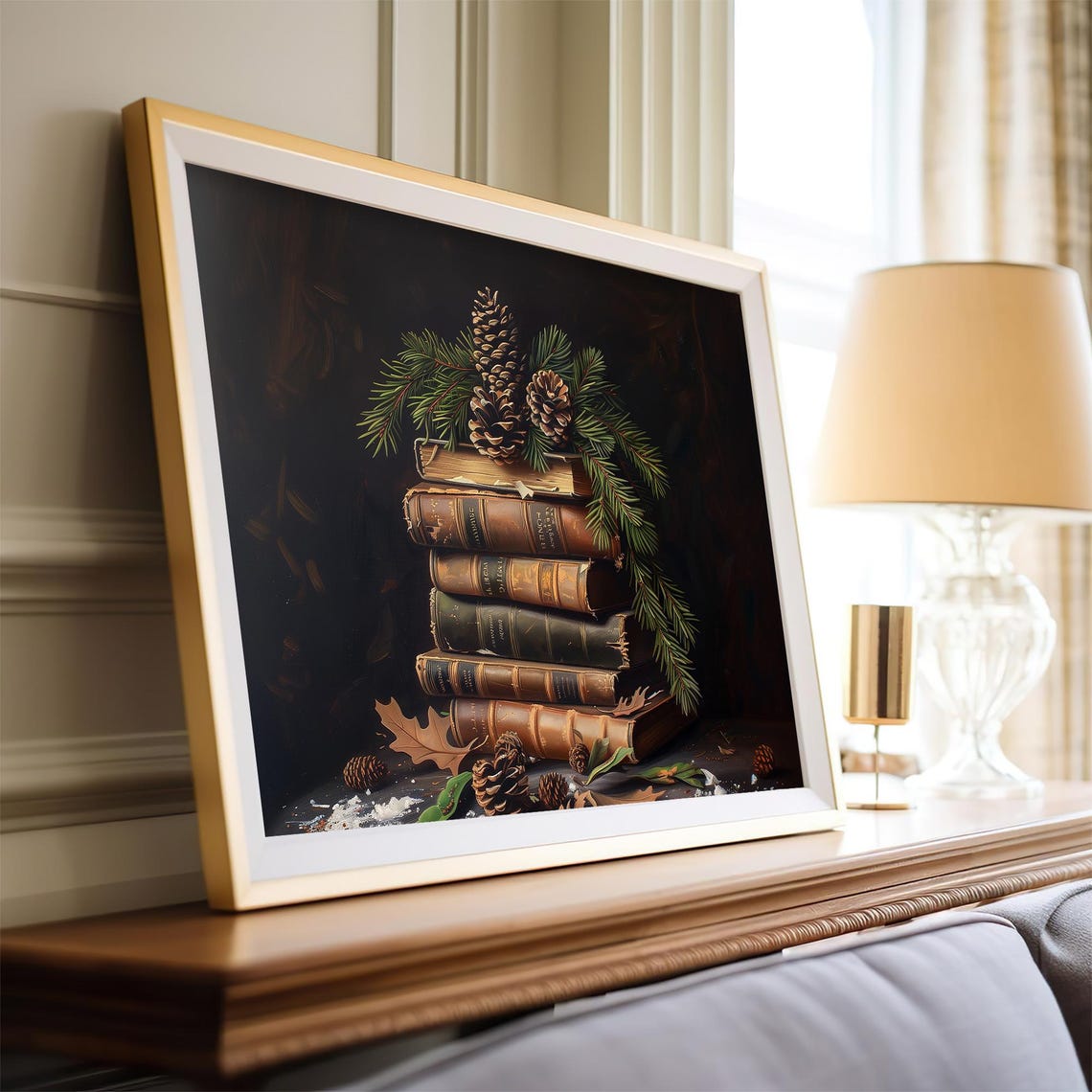 Antique Books Stack Pine Cones Winter Vintage Christmas Wall Art Print - Image 4