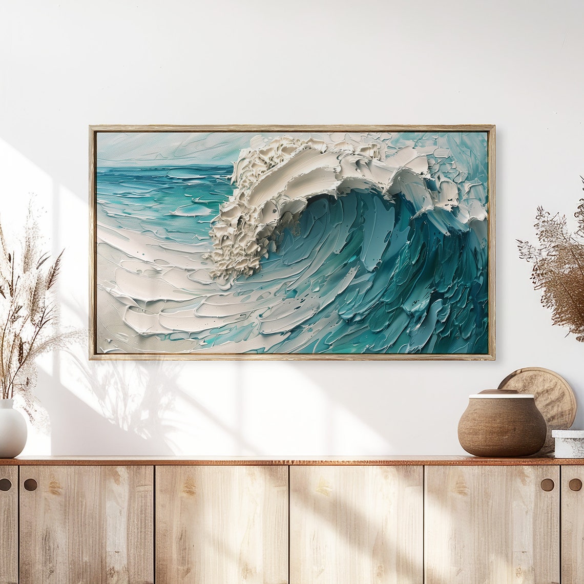 Turquoise Ocean Wave Impasto Textured Coastal Surf Art Poster - Image 3