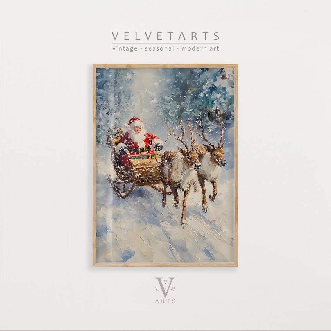 Santa Sleigh Two Reindeer Snowy Winter Flight Vintage Wall Art Print