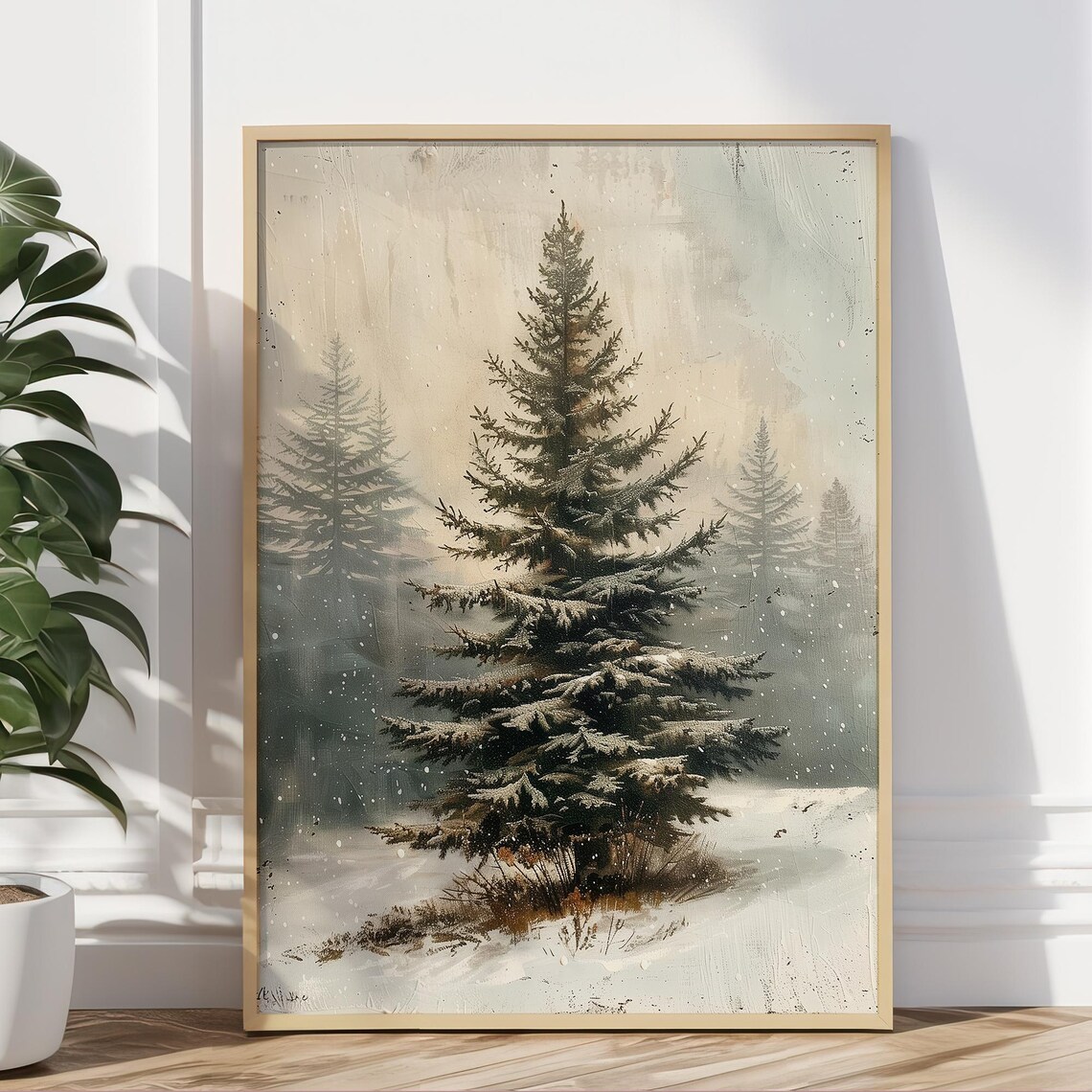 Solitary Snowy Evergreen Tree in Misty Winter Forest Art Poster - Image 5