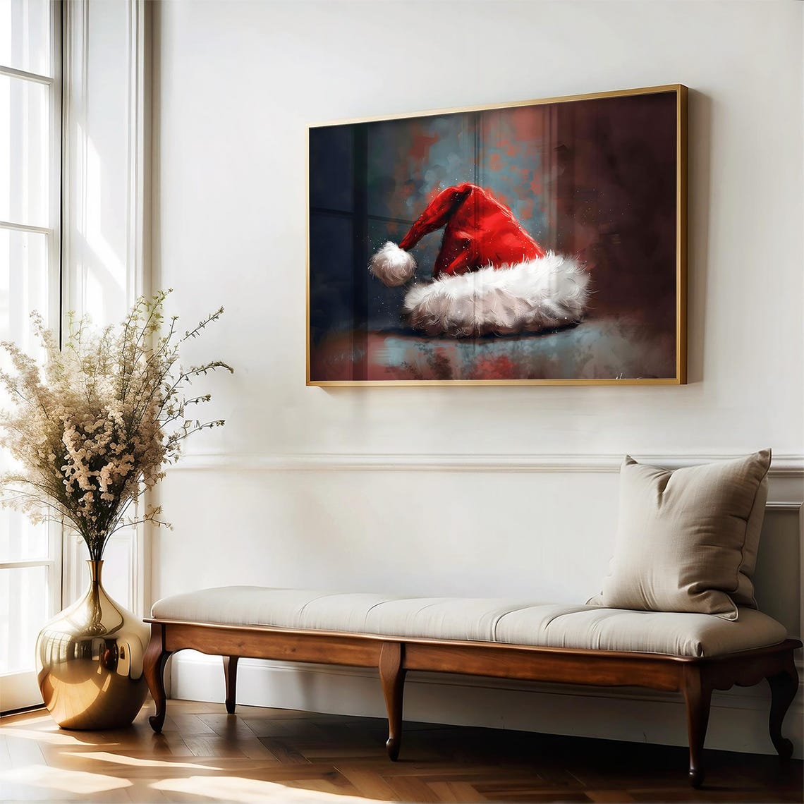 Red Santa Hat Moody Dark Vintage Christmas Painting Wall Art - Image 5