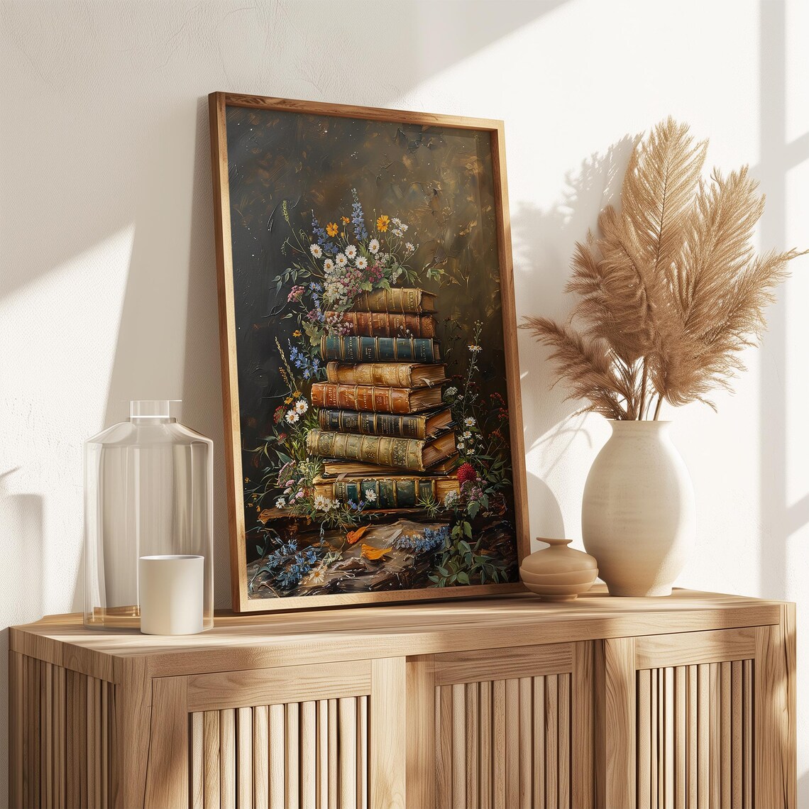 Antique Books Stack Wildflower Bouquet Vintage Floral Wall Art Print - Image 3