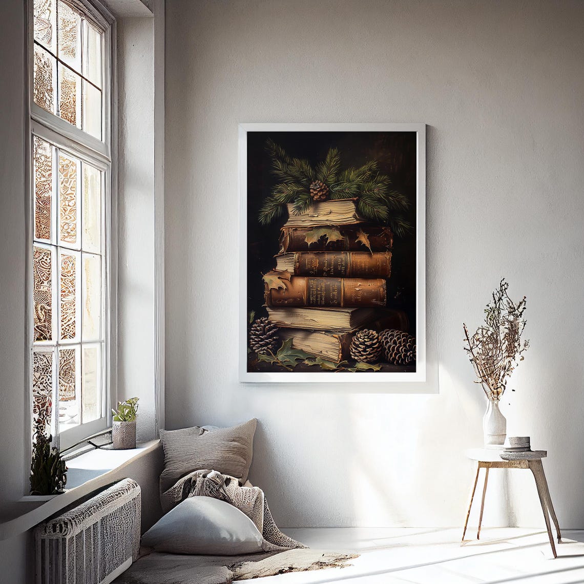 Antique Leather Books Stack Pine Cones Moody Winter Wall Art Print - Image 2