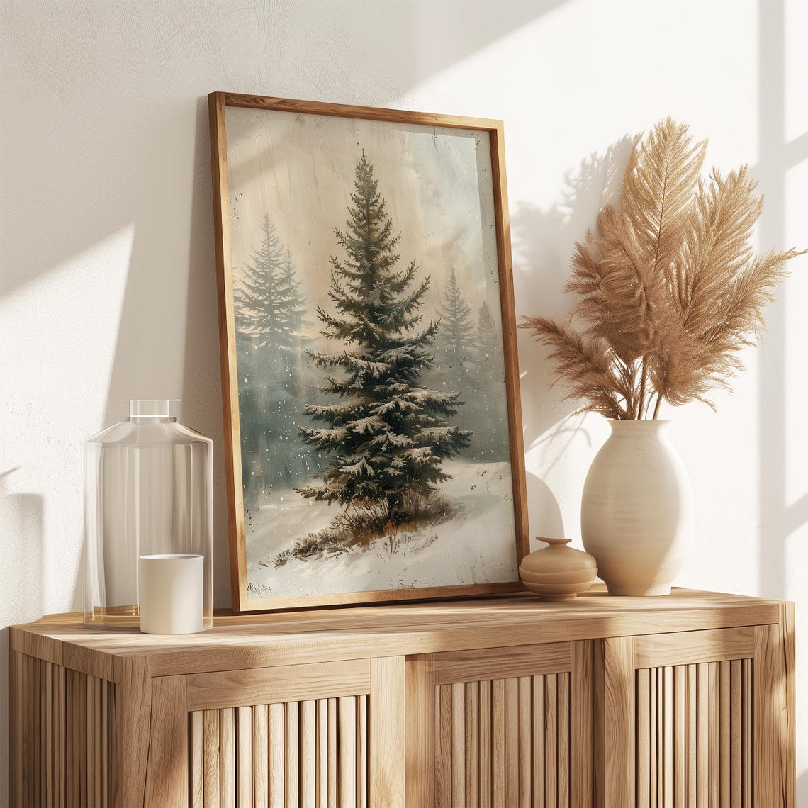 Solitary Snowy Evergreen Tree in Misty Winter Forest Art Poster - Image 3