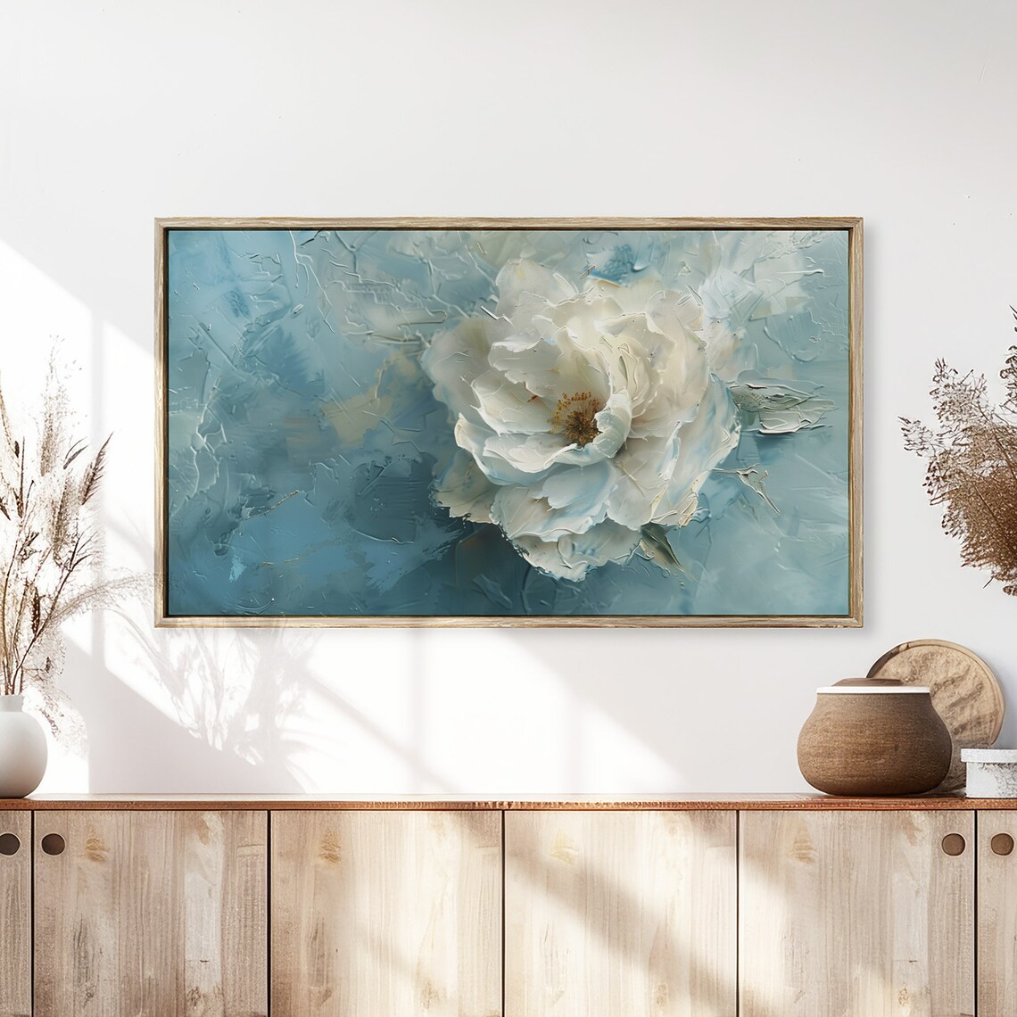 Icy Blue Peony Abstract Floral Textured Botanical Painting Wall Art - Image 3