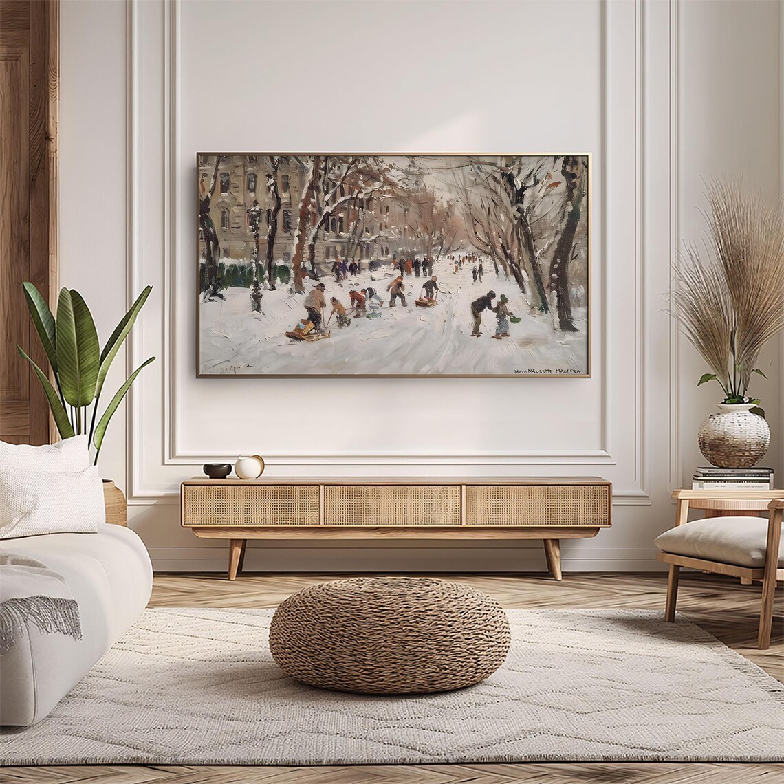 Families Sledding in a Snowy Park Vintage Winter Painting Poster - Image 4