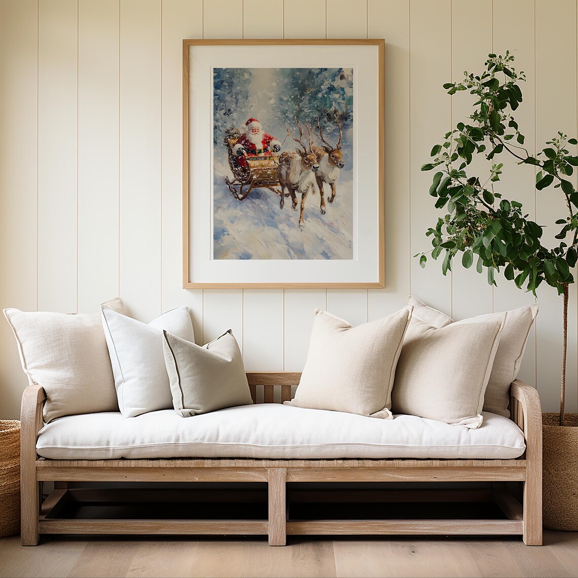 Santa Sleigh Two Reindeer Snowy Winter Flight Vintage Wall Art Print - Image 4