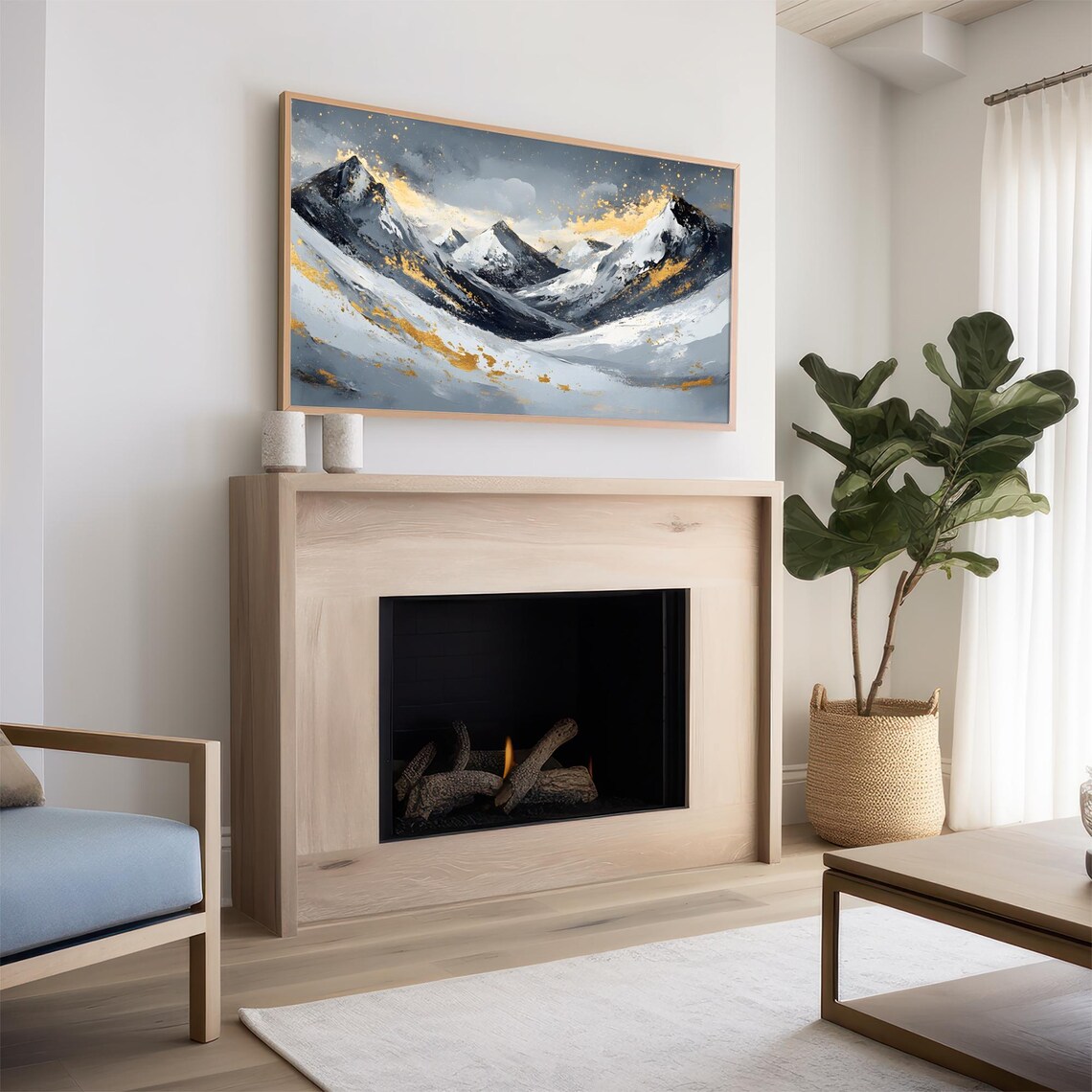 Abstract Snowy Mountain Peaks With Gold Accents Winter Art Poster - Image 2