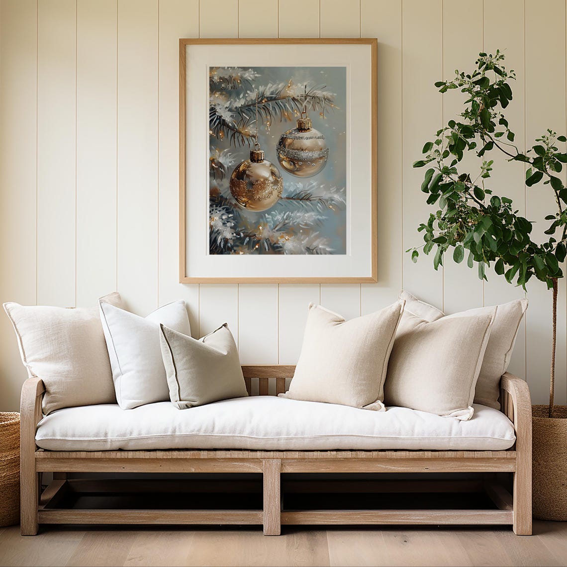 Frosted Golden Baubles Snowy Pine Branches Elegant Wall Art Poster - Image 4