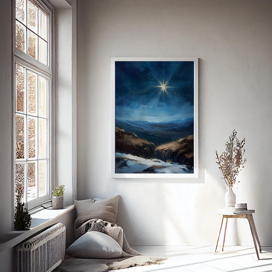Bright Star Over Snowy Mountains Bethlehem Night Sky Wall Art Print - Image 2