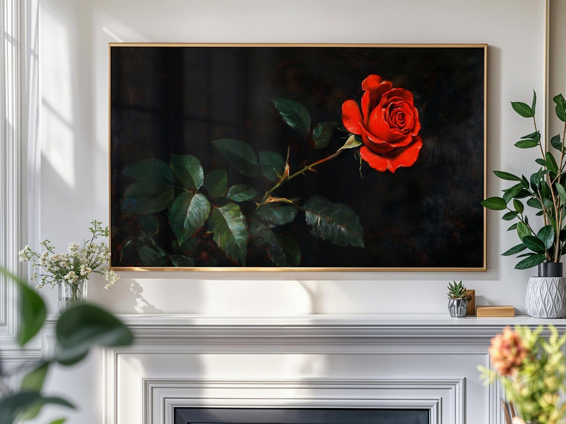 Dark Moody Red Rose Vintage Botanical Oil Painting Art Print - Image 4
