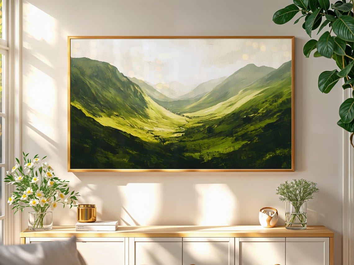 Green Mountain Valley Sunlit Slopes Vintage Landscape Art Poster - Image 2