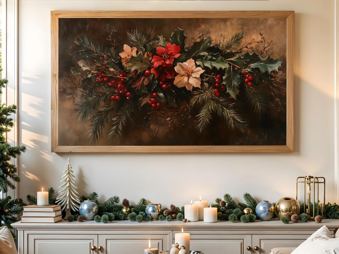Poinsettia Holly Berries Christmas Garland Vintage Holiday Poster - Image 3